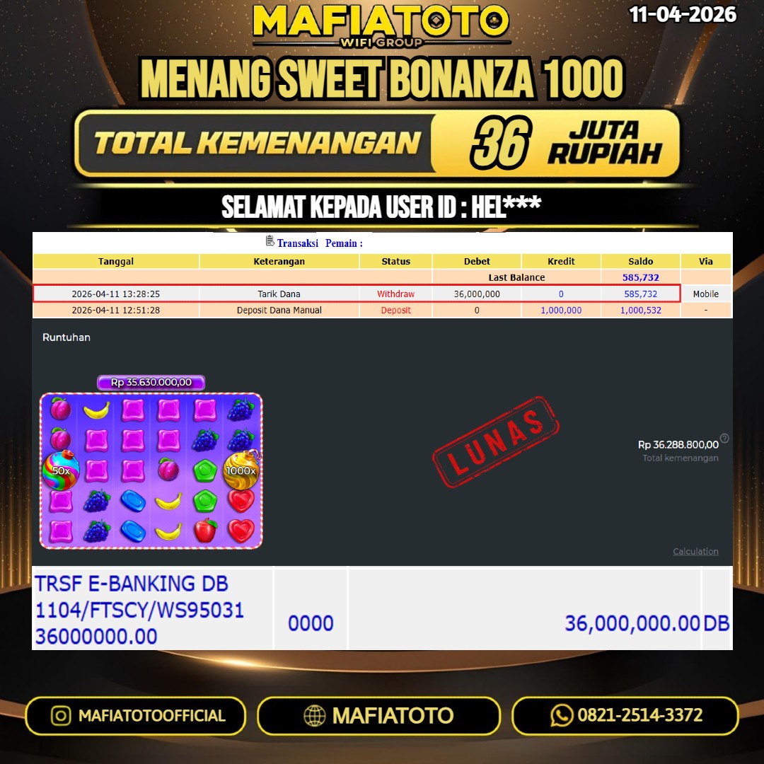 MAFIATOTO JACKPOT SLOT SWEET BONANZA 1000 RP.36.000.000 - LUNAS ID : HEL***