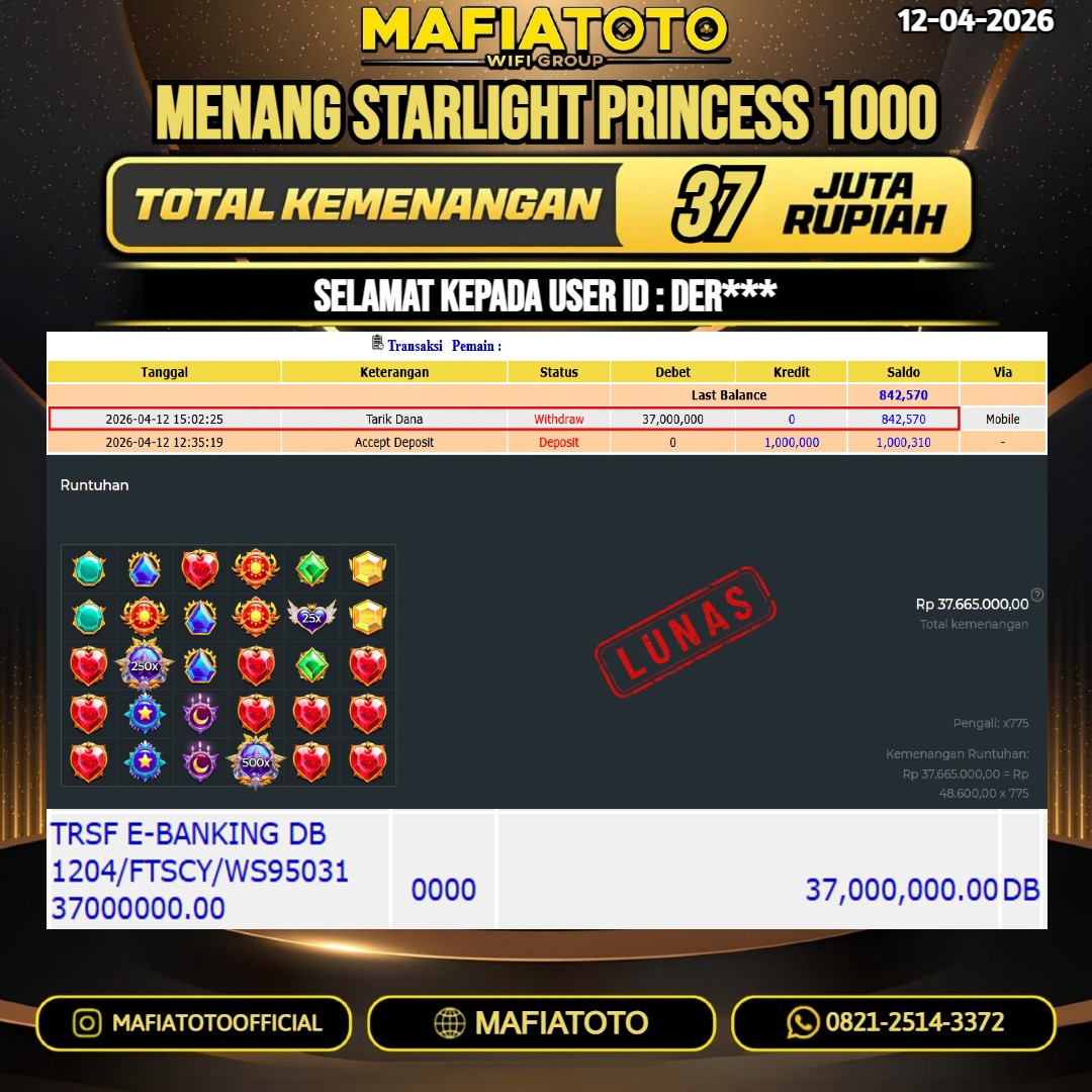 MAFIATOTO JACKPOT SLOT STARLIGHT PRINCESS 1000 RP.37.000.000 - LUNAS ID : DER***