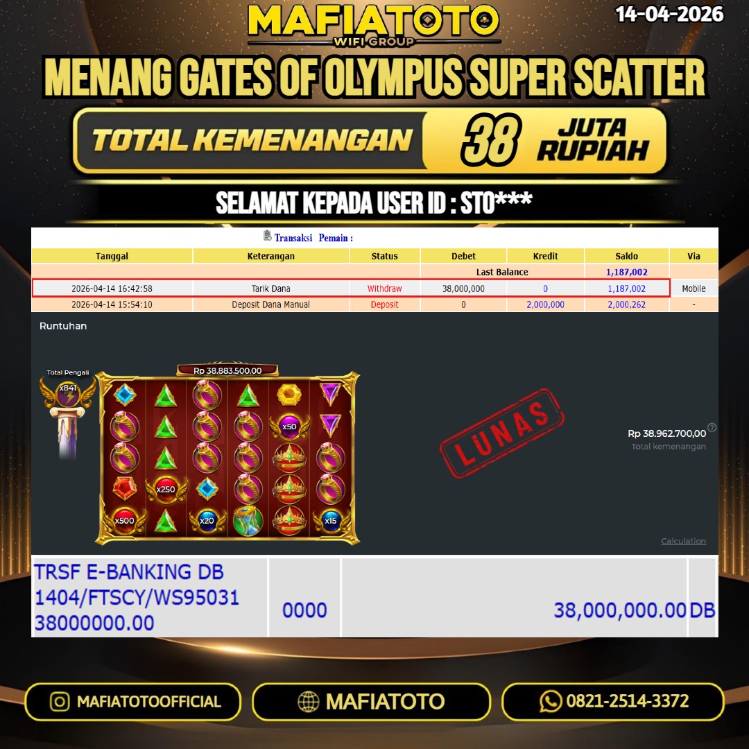 MAFIATOTO JACKPOT SLOT GATES OF OLYMPUS SUPER SCATTER RP.38.000.000 - LUNAS ID : STO***