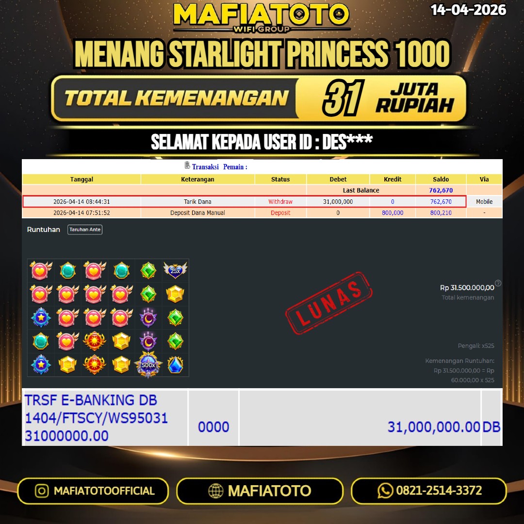 MAFIATOTO JACKPOT SLOT STARLIGHT PRINCESS 1000 RP.31.000.000 - LUNAS ID : DES***