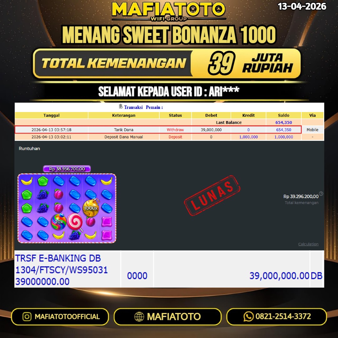 MAFIATOTO JACKPOT SLOT SWEET BONANZA 1000 RP.39.000.000 - LUNAS ID : ARI***